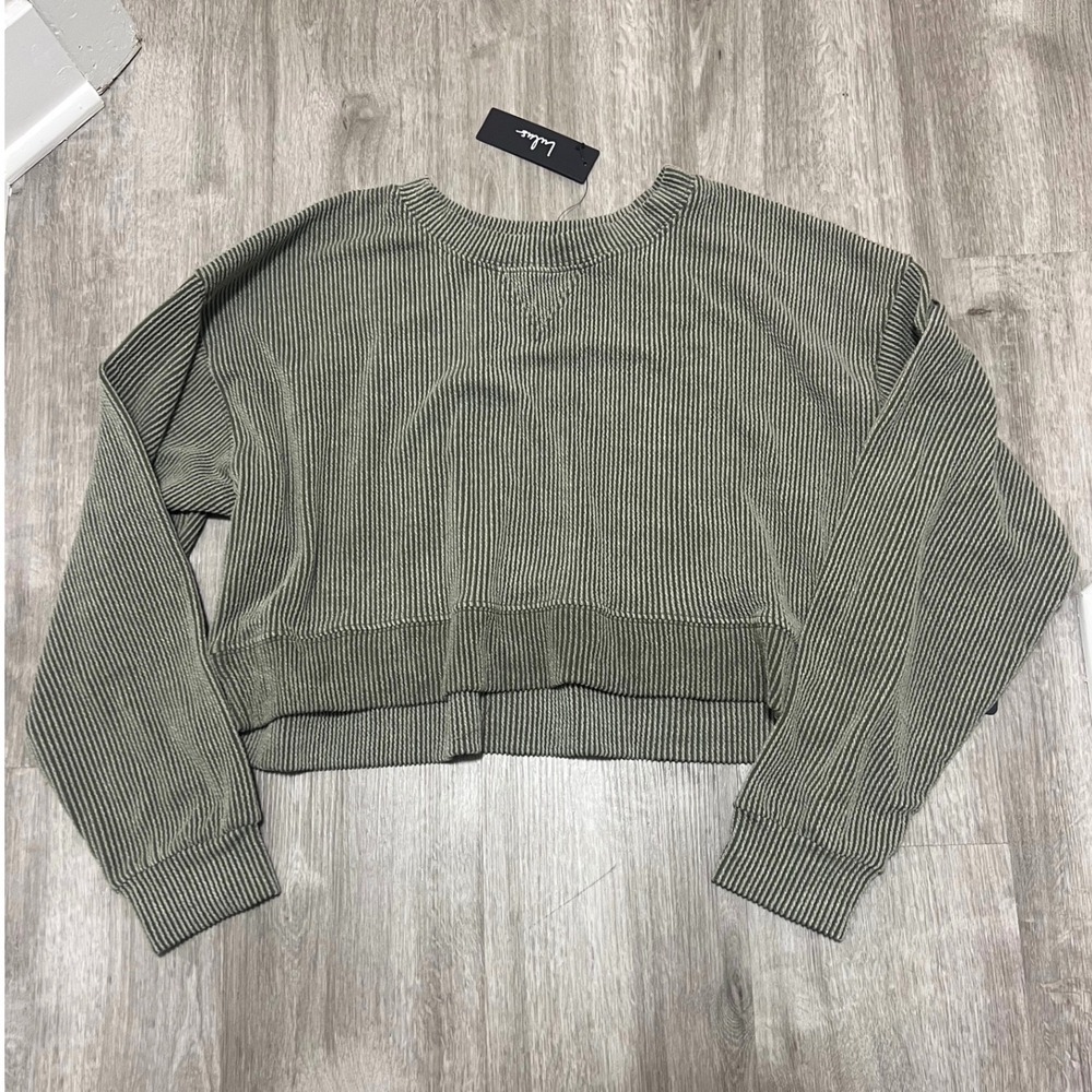 Lulus Olive‎ Green Striped Cropped Long Sleeve Pullover Sweater Top Women's XL